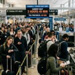 Crowded airport security checkpoint with passengers waiting in line and TSA agents screening luggage under a sign showing 3 hours 45 minutes wait time