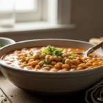 Bowl of white bean soup garnished with chopped herbs on a wooden table near a window.