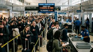 Crowded airport security checkpoint with passengers waiting in line and TSA agents screening luggage under a sign showing 3 hours 45 minutes wait time