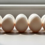 Ten white eggs arranged in two rows on a countertop with sunlight casting shadows.