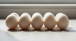 Ten white eggs arranged in two rows on a countertop with sunlight casting shadows.