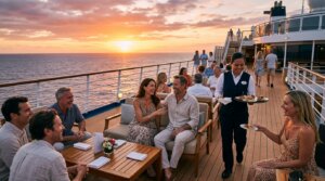 Group of people enjoying drinks on a cruise ship deck at sunset with a waitress serving appetizers