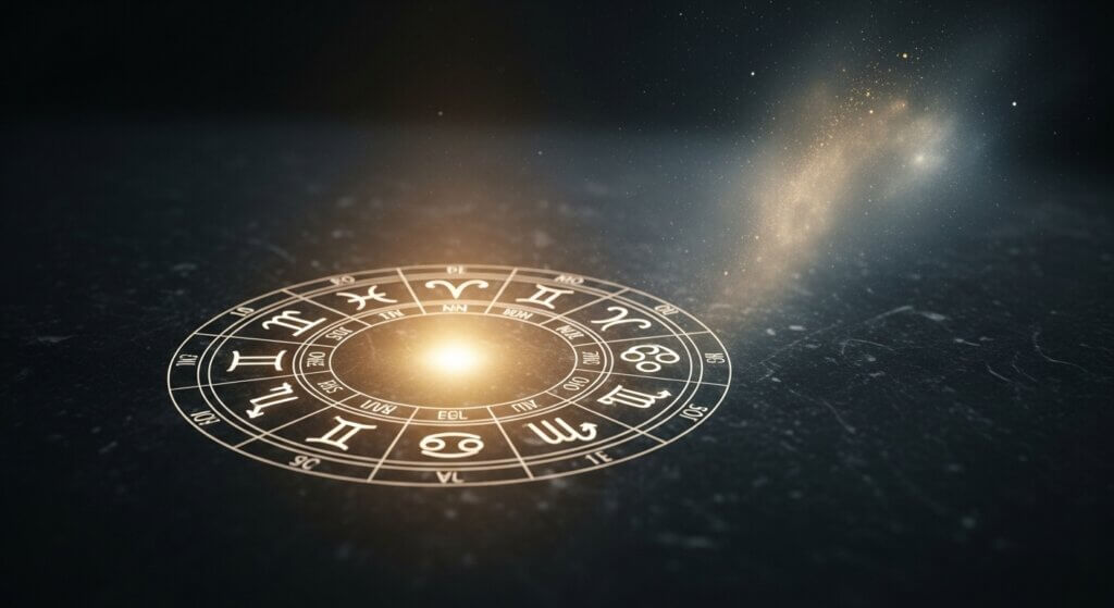Glowing zodiac wheel with astrological symbols and a cosmic light trail on a dark background