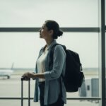 Woman with backpack and suitcase standing at airport terminal window watching planes outside