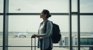 Woman with backpack and suitcase standing at airport terminal window watching planes outside