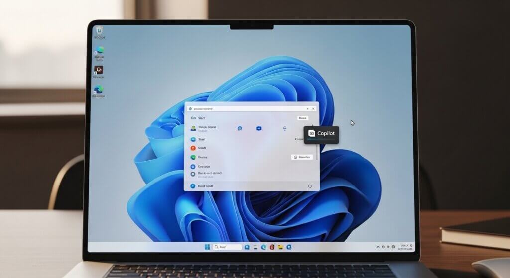 Laptop screen displaying Windows 11 desktop with a search window open and Copilot feature highlighted