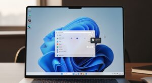 Laptop screen displaying Windows 11 desktop with a search window open and Copilot feature highlighted