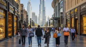 Shoppers carrying branded bags like Chanel and Balmain walk along a luxury retail street with Burj Khalifa in the background.