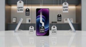 Smartphone displayed on a table with multiple hanging price tags showing "OFFF $.999" in a modern store setting.