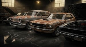 Rusty classic cars including a Chevrolet Bel Air, Ford Mustang, and Dodge Charger in a dimly lit garage.