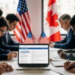 Diverse group of people filling out citizenship application forms with US and Canadian flags in the background.