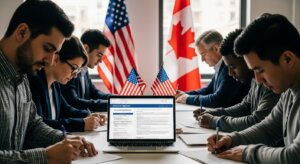 Diverse group of people filling out citizenship application forms with US and Canadian flags in the background.