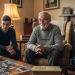 Four people sitting in a living room looking serious around a table with a partially completed jigsaw puzzle.