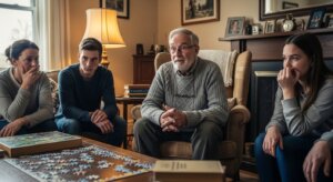 Four people sitting in a living room looking serious around a table with a partially completed jigsaw puzzle.