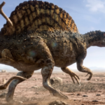 Spinosaurus dinosaur walking in a dry, barren landscape under a partly cloudy sky.
