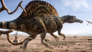 Spinosaurus dinosaur walking in a dry, barren landscape under a partly cloudy sky.