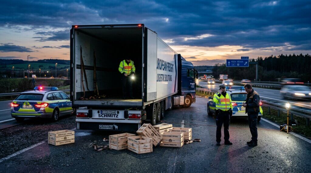 Police officers inspect spilled wooden crates from a European Freight Logistics Solutions truck on a highway at dusk.