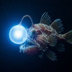 Deep-sea anglerfish with bioluminescent lure glowing in dark ocean water.