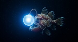 Deep-sea anglerfish with bioluminescent lure glowing in dark ocean water.