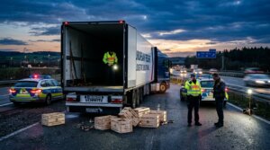 Police officers inspect spilled wooden crates from a European Freight Logistics Solutions truck on a highway at dusk.