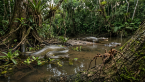 An anaconda snake in a river with a large spider on a tree trunk in a dense jungle.