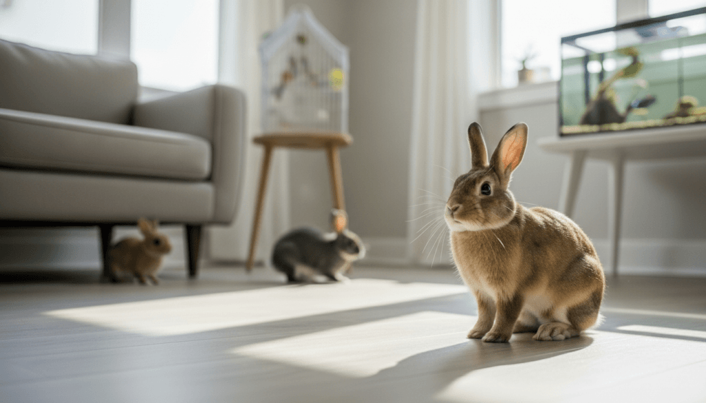 Three rabbits sitting on a sunlit floor in a living room with a sofa, birdcage, and fish tank.