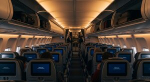 Airplane cabin interior with passengers seated and flight attendants near the front galley.