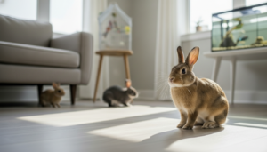 Three rabbits sitting on a sunlit floor in a living room with a sofa, birdcage, and fish tank.