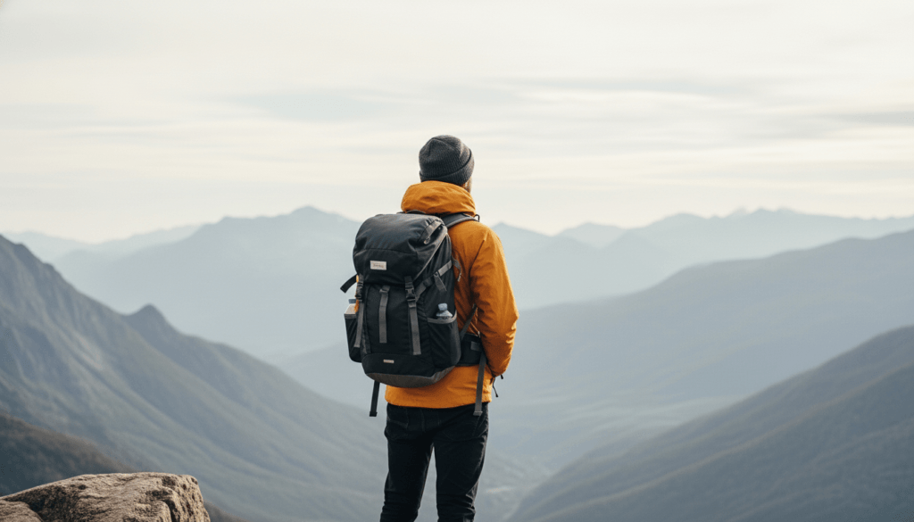 Hiker wearing a yellow jacket and gray beanie with a black backpack overlooking a mountain valley.