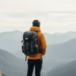 Hiker wearing a yellow jacket and gray beanie with a black backpack overlooking a mountain valley.