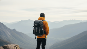 Hiker wearing a yellow jacket and gray beanie with a black backpack overlooking a mountain valley.