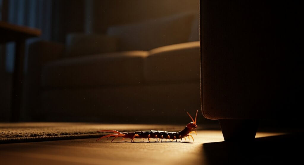 Centipede crawling on a wooden floor near a sofa leg in dim indoor lighting.
