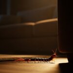 Centipede crawling on a wooden floor near a sofa leg in dim indoor lighting.