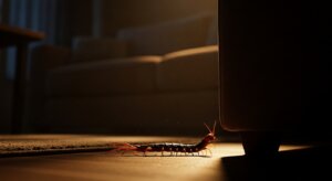 Centipede crawling on a wooden floor near a sofa leg in dim indoor lighting.