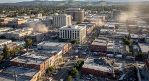 Aerial view of a city with multiple buildings damaged and emergency vehicles responding to the scene.