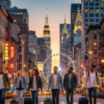 Group of six diverse friends walking with luggage on a New York City street at sunset with Empire State Building and Ferris wheel.