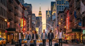 Group of six diverse friends walking with luggage on a New York City street at sunset with Empire State Building and Ferris wheel.