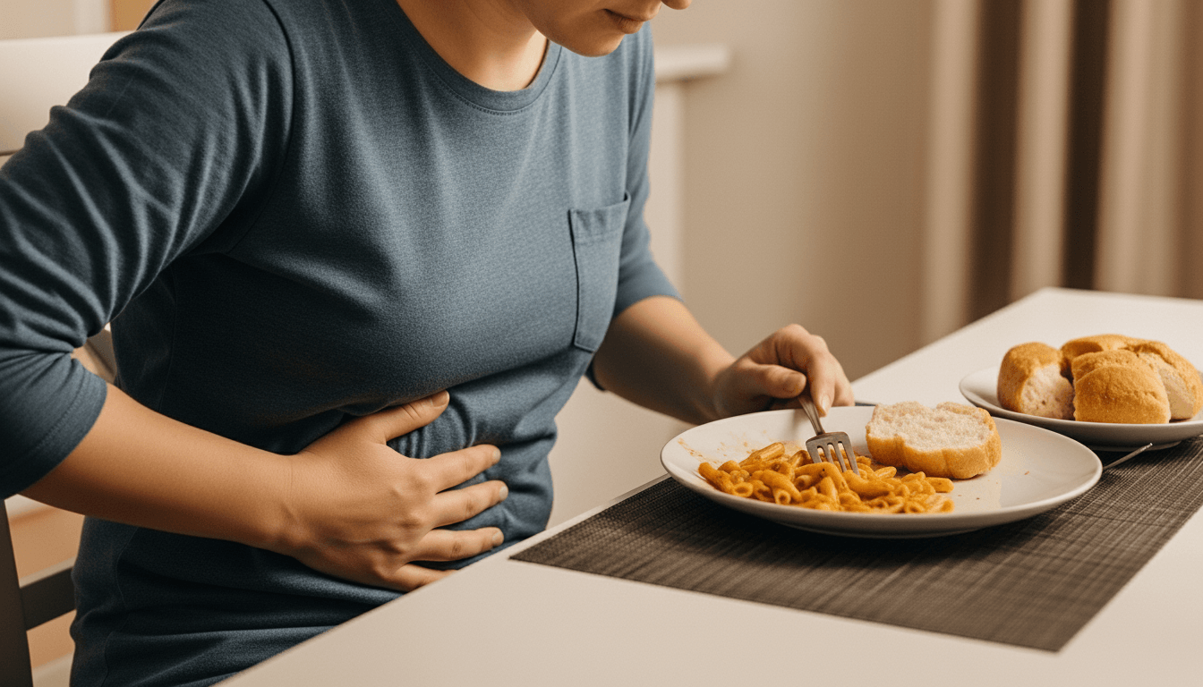 Person in blue shirt clutching stomach while sitting at table with plate of pasta and bread rolls.