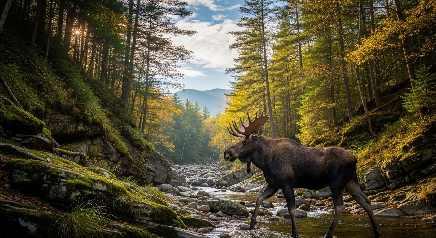 Bull moose walking through a rocky forest stream with sunlit autumn trees and mountains in the background