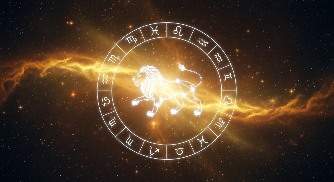 Zodiac wheel with Leo constellation and symbols of all twelve astrological signs against a starry galaxy background.