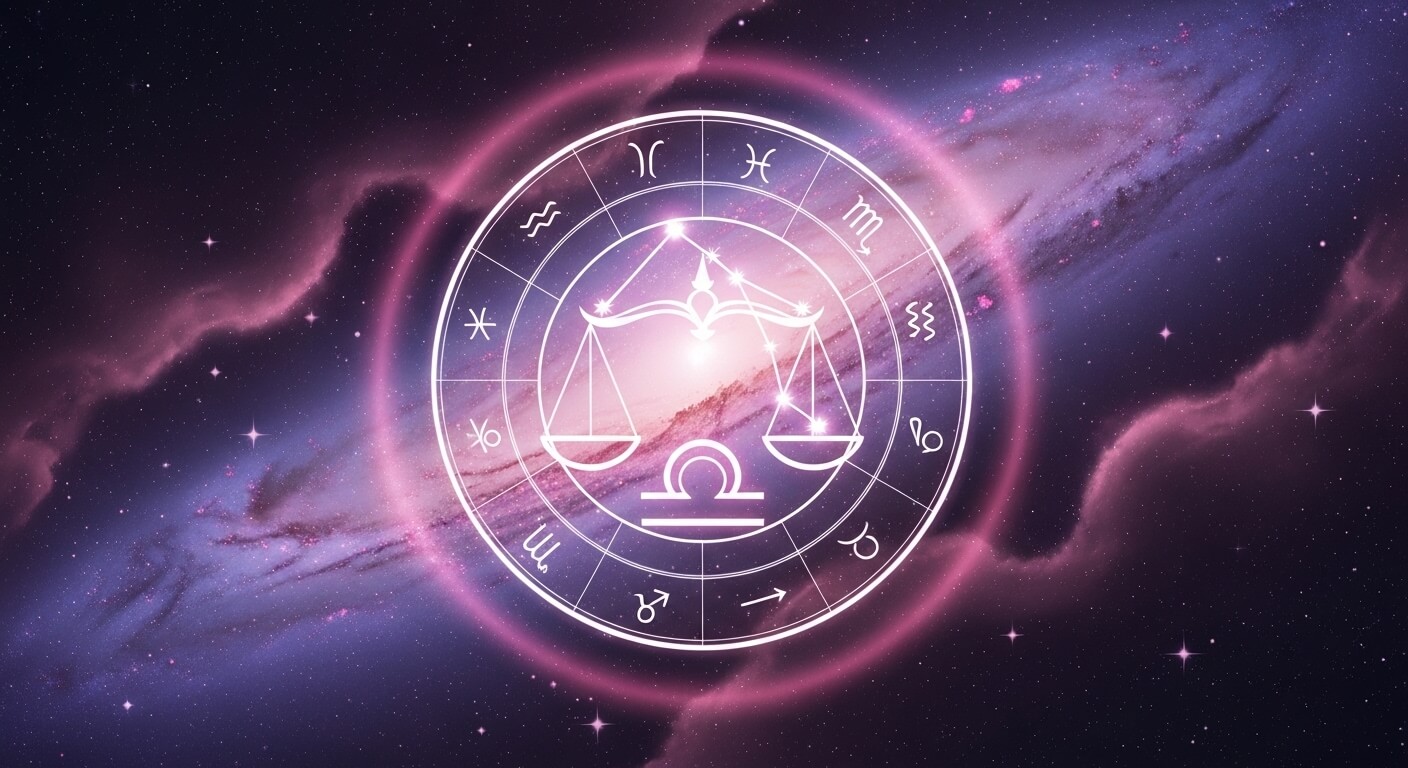 Zodiac wheel with Libra constellation and symbols against a purple galaxy background