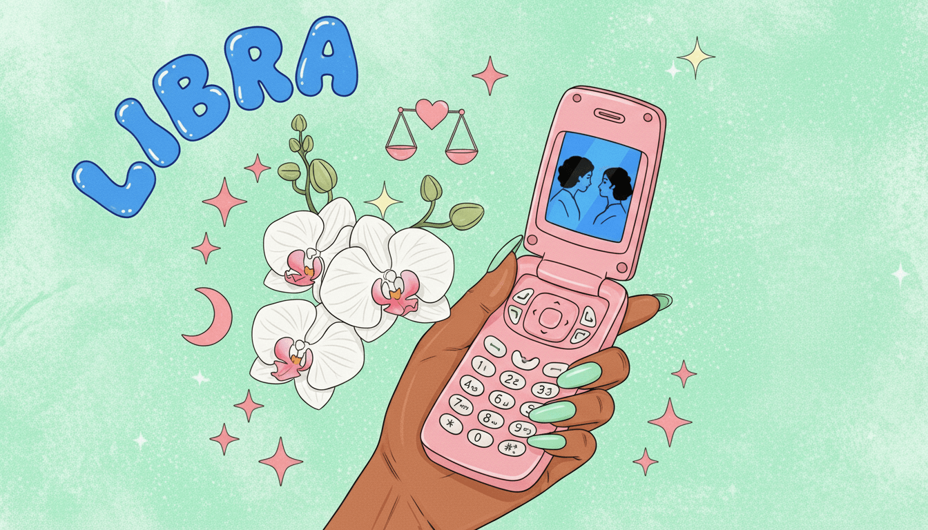 Hand with long mint green nails holding a pink flip phone showing two people facing each other, Libra text and white orchids nearby