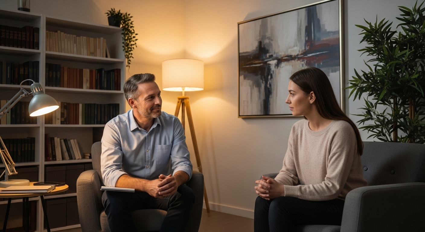 Man and woman having a conversation in a cozy, well-lit living room with bookshelves and abstract art.