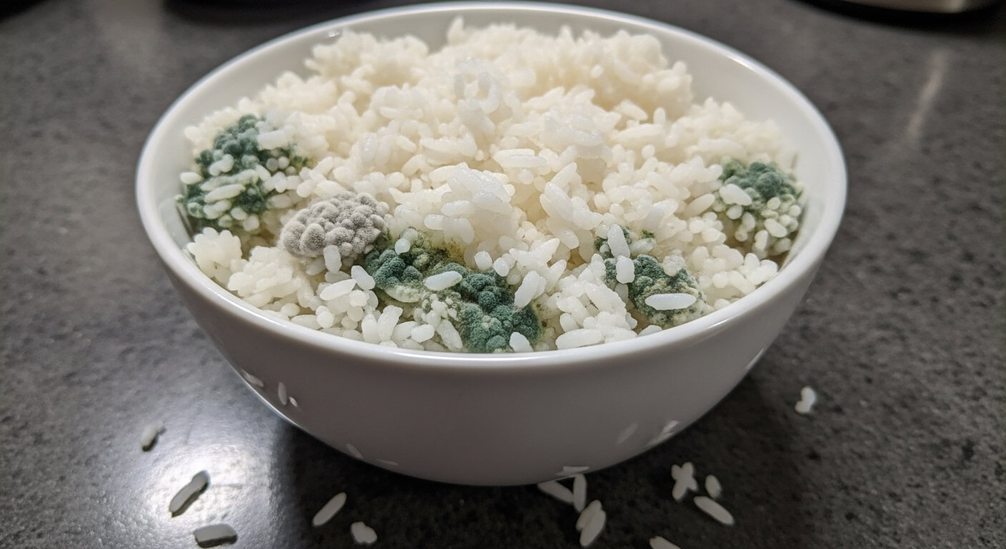 Bowl of white rice with visible green and gray mold spots on top and scattered grains around.