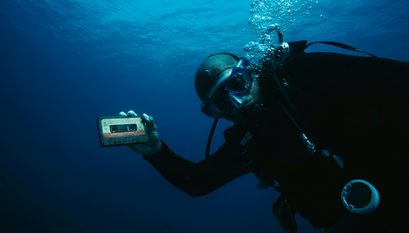 Scuba diver underwater holding a vintage audio cassette tape.
