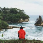 Person in red jacket sitting on grass overlooking rocky coastline with ocean waves and palm trees