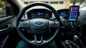 Ford car steering wheel with dashboard and iPhone mounted on the center console displaying apps and weather.