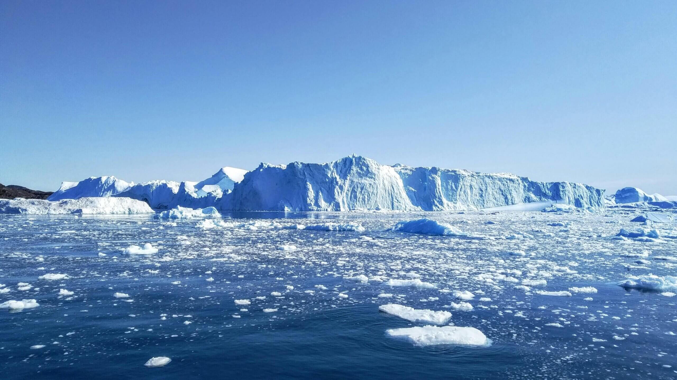 Large icebergs floating in icy Arctic ocean under clear blue sky