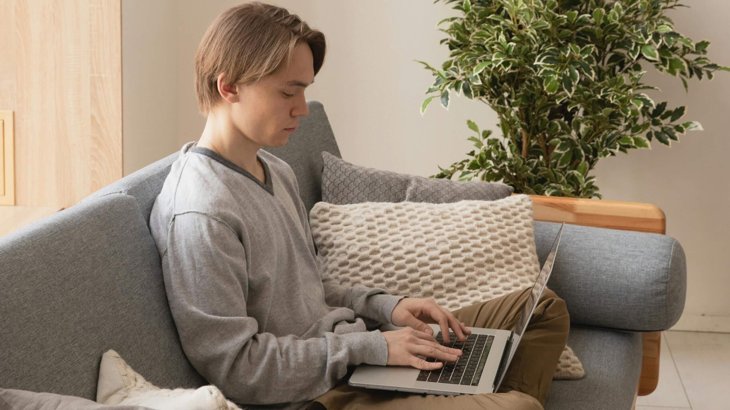 Young man in gray sweater typing on a laptop while sitting on a gray couch with cushions and a plant nearby