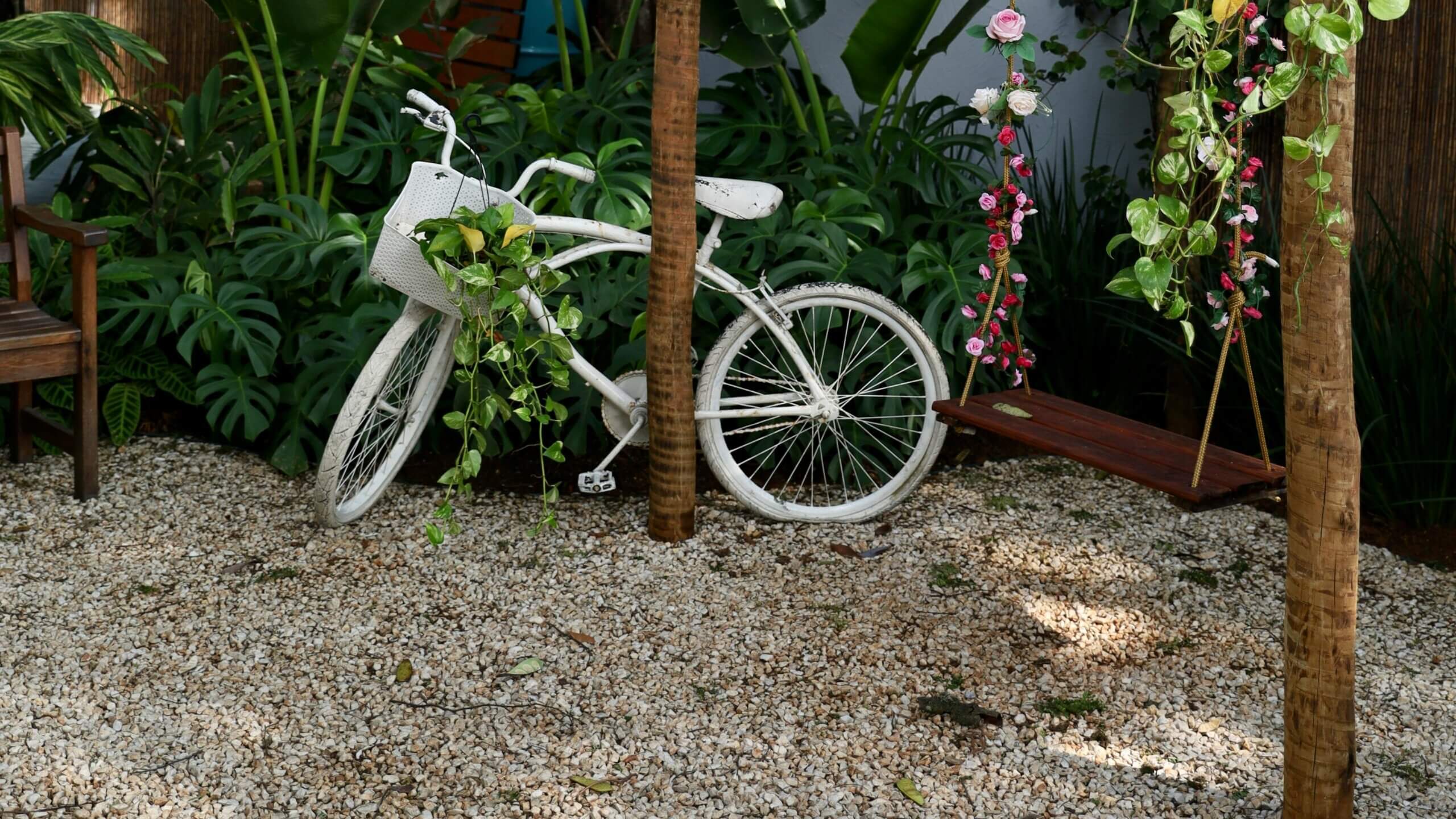 White bicycle with a basket holding green plants leaning against a tree in a garden with a wooden swing decorated with pink flowers.